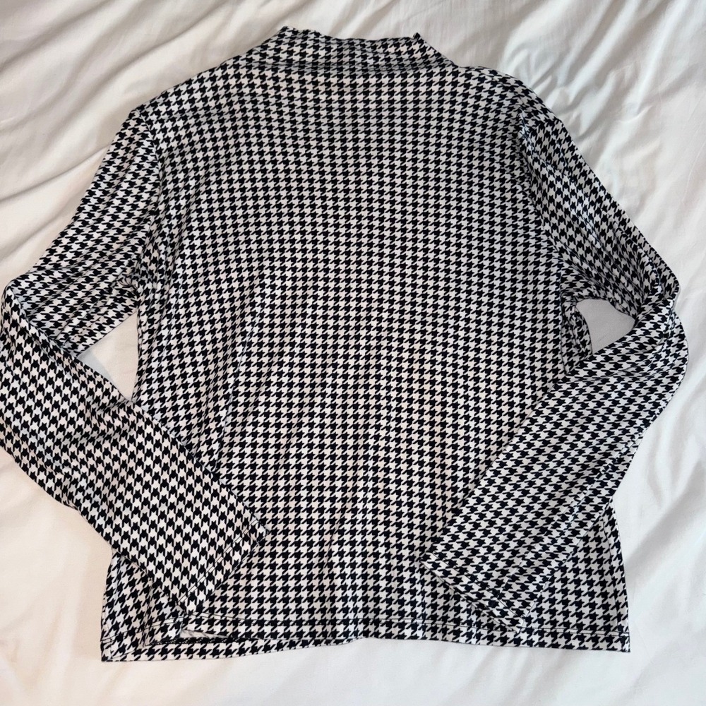 Ann Taylor Houndstooth Mock Neck Long Sleeve Top Black White Cotton Womens Large